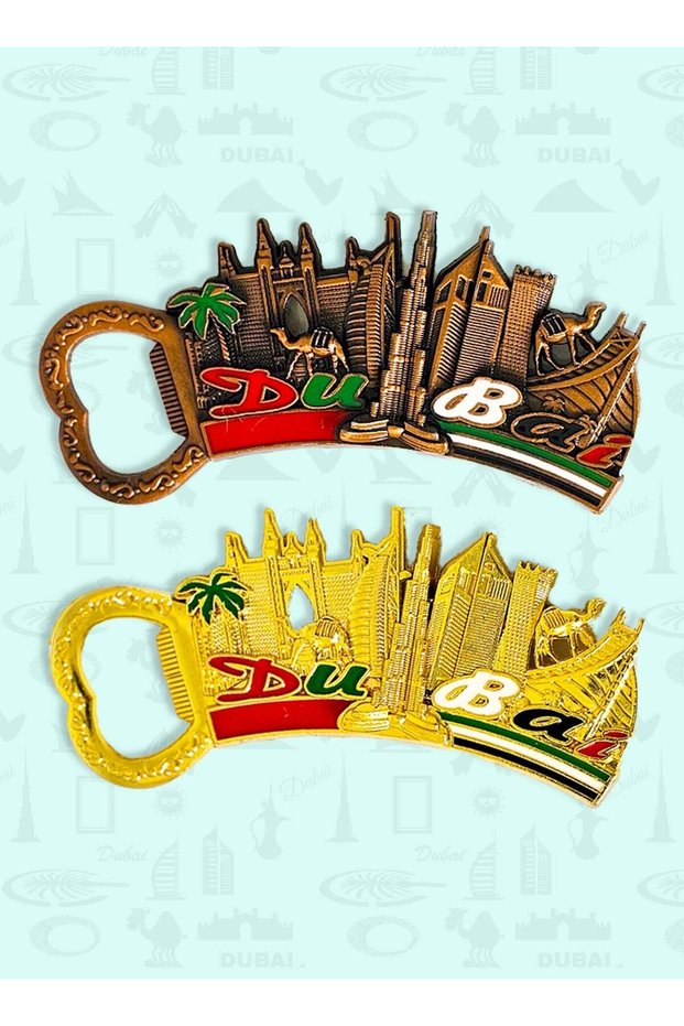 Fridge Magnet with Bottle Opener Dubai 2pcs – Metal, Skyline Buildings, UAE Flag & Camel Design
