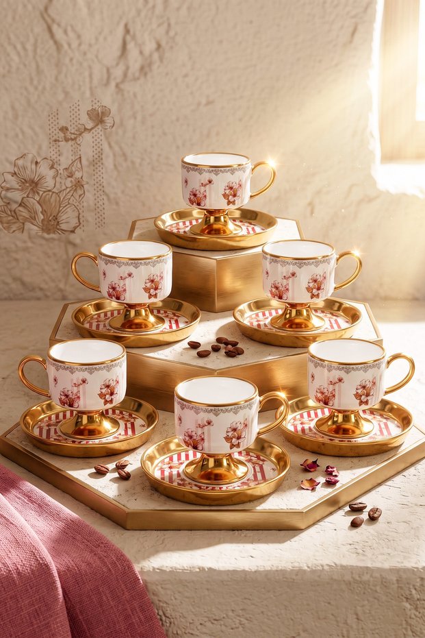 Cherry Blossom Porcelain Coffee Cup Set for 6 People