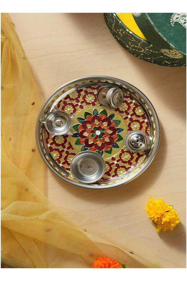 Madhoor Lotus Decorative Pooja Thali Red for Aarti, Pooja & Festive Worship, 7 Inches, 1 Piece