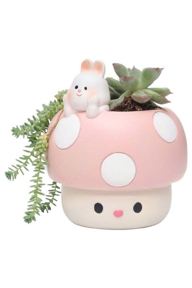 Pink Mushroom Cartoon Smiley Planter Polyresin Decorative Flower Pot Cute Bunny Succulent Holder In