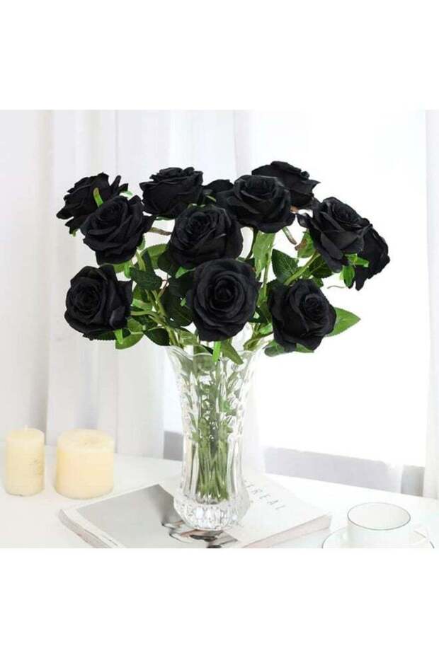 12Pcs Black Artificial Silk Roses with Long Stems, Realistic Fake Rose Bouquet for Home Gothic Deco