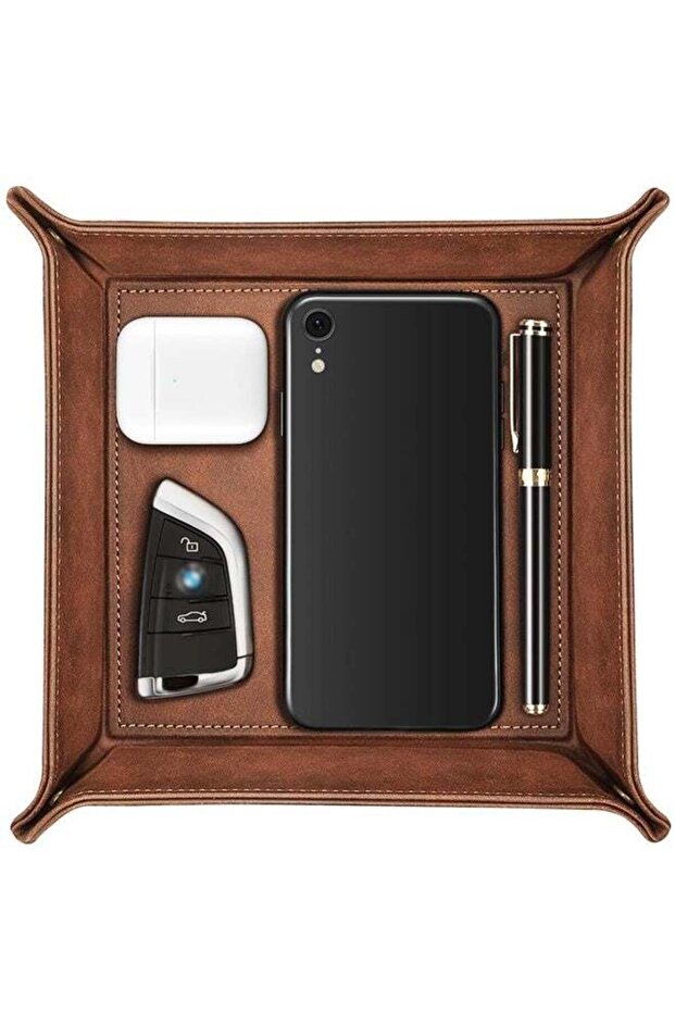 PU Leather Desktop Valet Tray Storage Organizer Brown