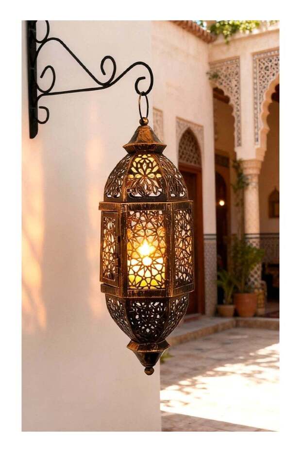 Ramadan Metal Candle Lantern – Moroccan Iron Hanging Candle Holder with Intricate Openwork Design,