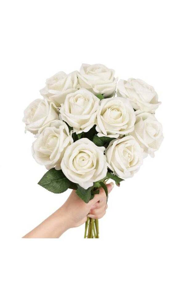 Artificial White Velvet Silk Roses, 10 Pack Fake Flowers with Stem for Wedding, Party, Home Decor