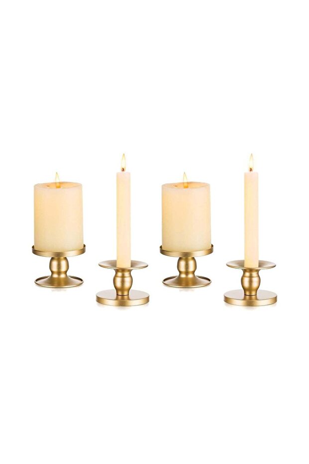 Candle Holders for Pillar Candles, 4 Pcs Gold Pillar & Taper Candle Holder, Small Metal Candle Stic