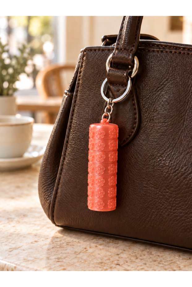 Floral Pattern Lipstick Case Keychain – Mini Storage Container with Lid, Bag Charm and Purse Ornament, Coral