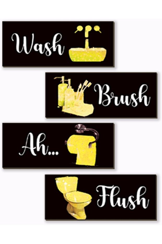 ARS 4 Pcs Yellow Bathroom Decor Funny Yellow And Black Wall Art Wooden Bathroom Accessories Modern