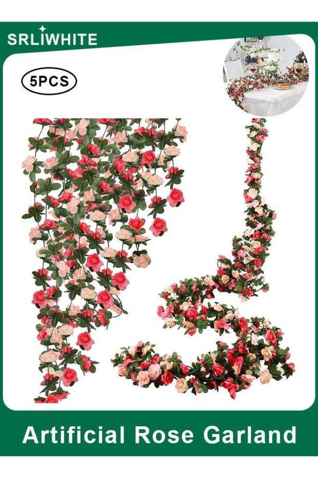 5 Pack 2.4m Artificial Rose Flower Garland, Pink Silk Rose Vine with Green Leaves for Wedding Arch,