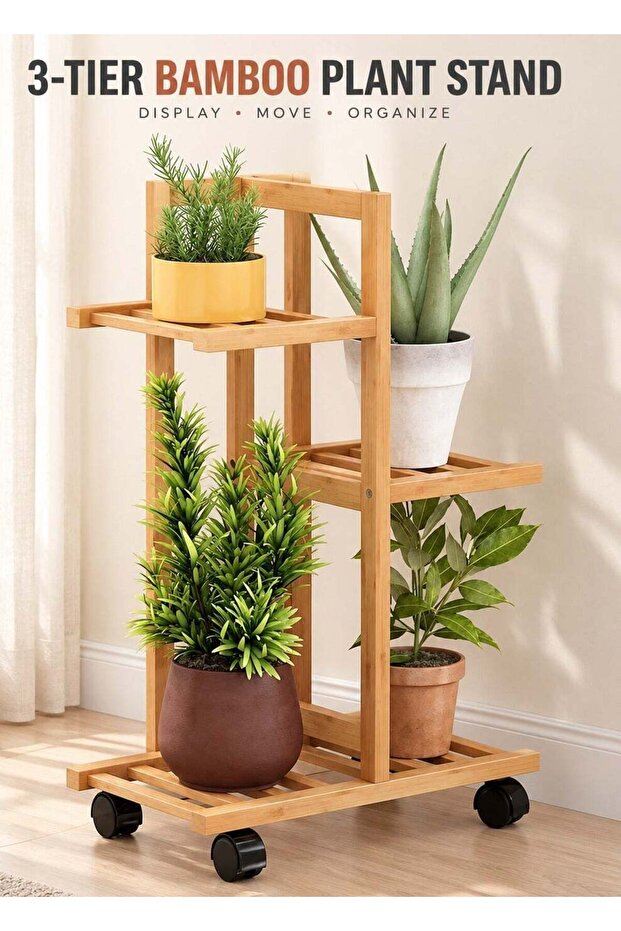 3-Tier Bamboo Plant Stand with Wheels, Rolling Multi-Pot Flower Shelf, Space-Saving Corner Planter