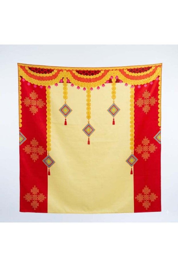 Aksharveda red traditional Backdrop – Tropical Decorative Background for Pooja, Festive Décor & Eve