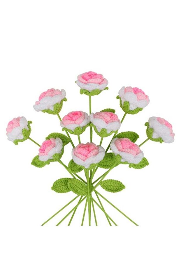 FDTY 6 PcsHandmade Crochet Rose Artificial Flower, Pink and white with Green Leaf, Decorative Gift