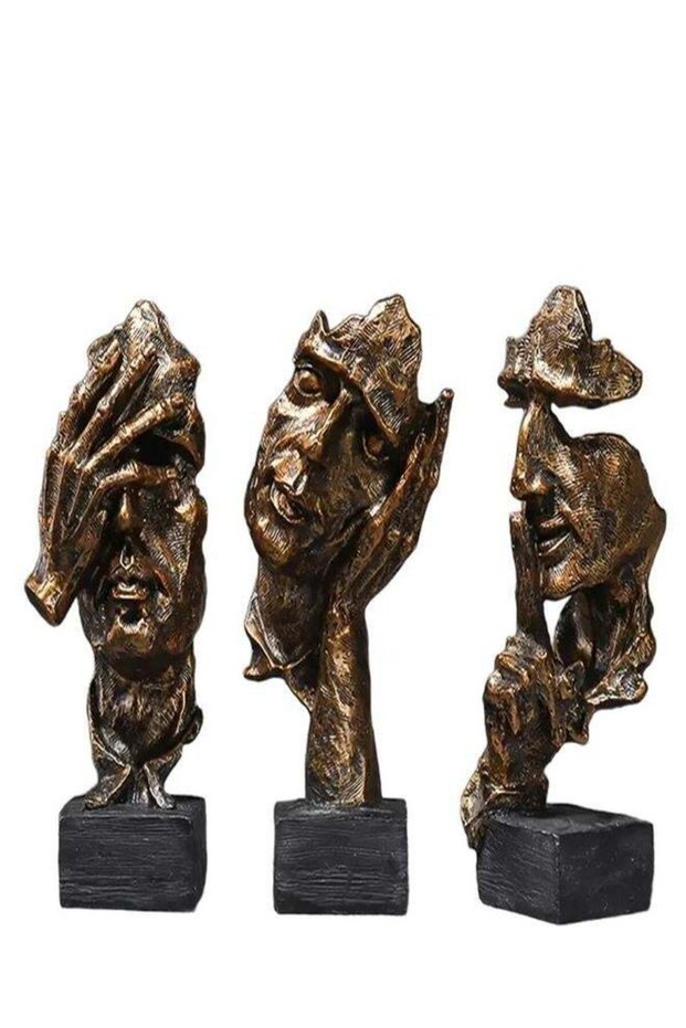 3-Piece Abstract Human Figurine Set, See No Evil Hear No Evil Speak No Evil Statues, Vintage Bronze