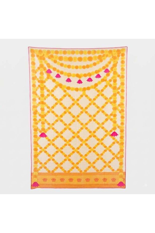 Aksharveda Traditional Yellow net Backdrop – Tropical Decorative Background for Pooja, Festive Déco