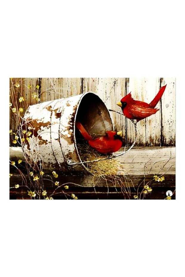 Birds Themed Decorative Metallic Plate Beige/White/Red 20x15cm