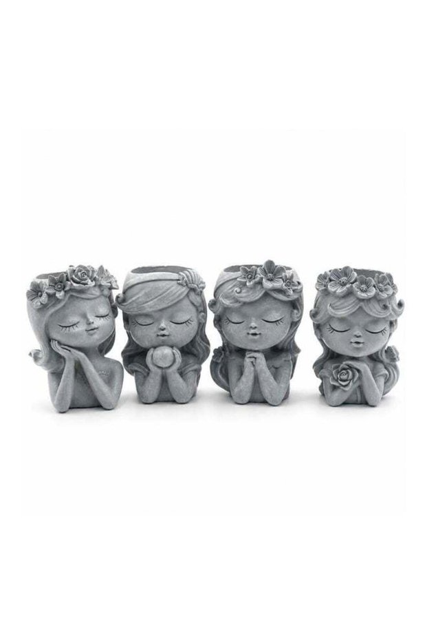 Bonsai Craft Vase 4-Set Pray Dream Flower Blessing Dolls Grey Polyresin Decorative Succulent Plante