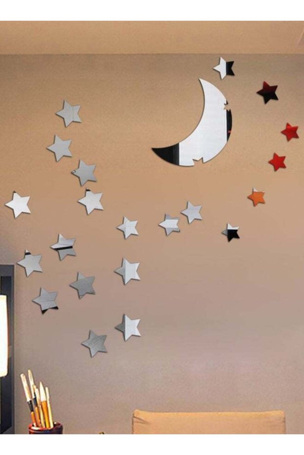 Moon & Star Shaped Acrylic Mirror Wall Stickers, 1mm Thick, Silver
