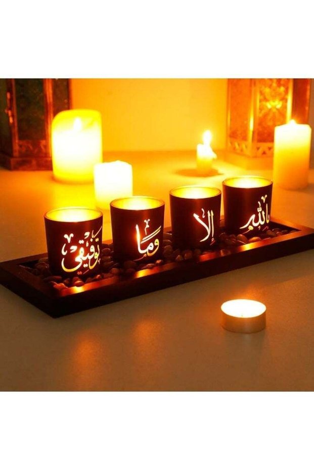 Ayana Casa Arabic Calligraphy Candle Holder Set - Golden Lantern Metal Candle Tray, Islamic Home De