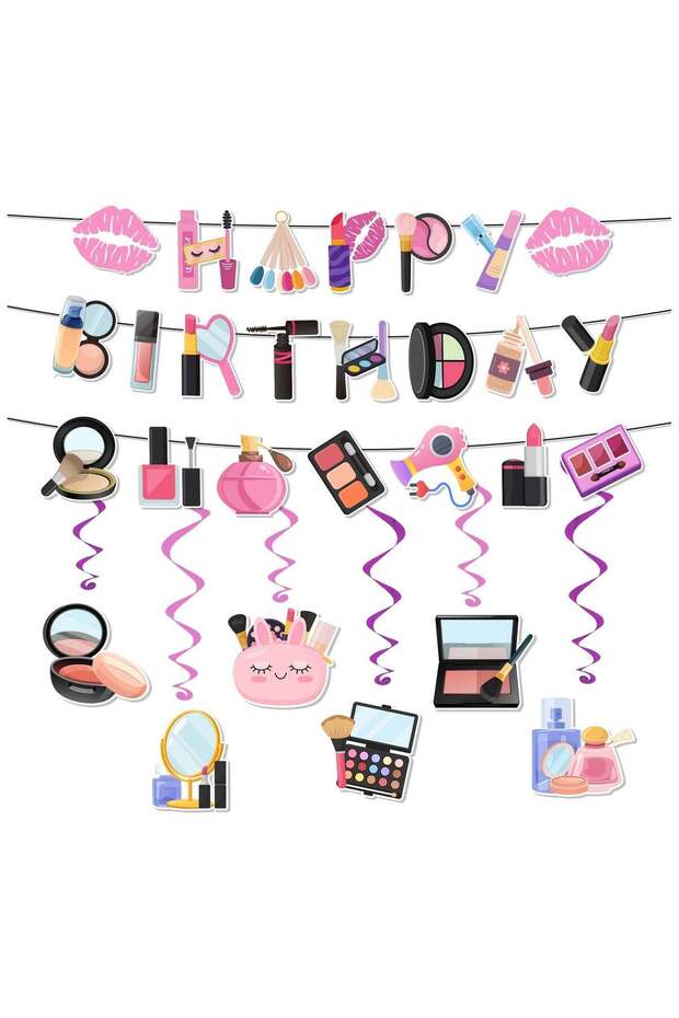 Makeup Birthday Party Decorations, Makeup Banner With Spiral Decoration Set - Makeup Happy Birthday