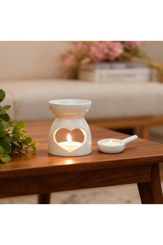 Ceramic Heart Tealight Holder & Essential Oil Burner – White Hollow Love Shape Candle Warmer for Li