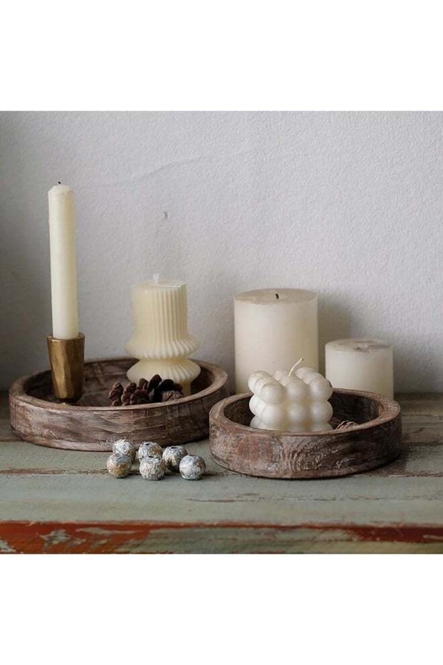 2 Pcs Rustic Wooden Round Candle Holder Tray Set, Vintage Natural Wood Decor