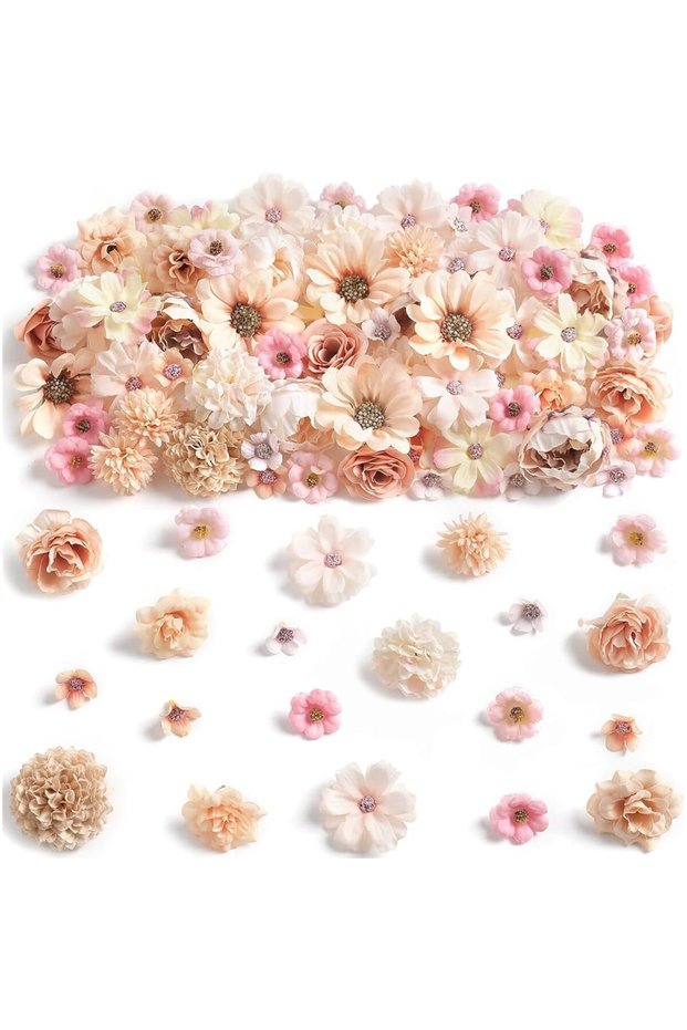 Artificial Flower Heads Set, Mini Champagne Faux Peony Daisy and Rose Flowers for DIY Crafts and Pa