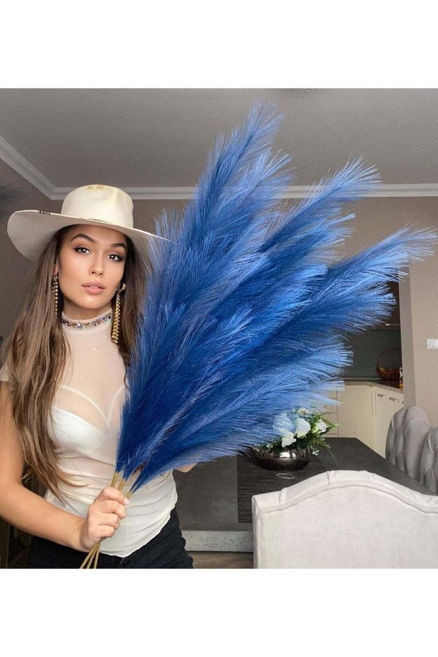 LATIFA Extra Large Tall Blue Fake Faux Artificial Pampas Grass Large Fluffy x3 115cm Stems x18
