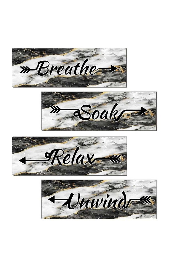 ARS® 4 Pieces White Black Gold Marble Bathroom Wall Art, Relax Soak Unwind Breathe Signs Decor