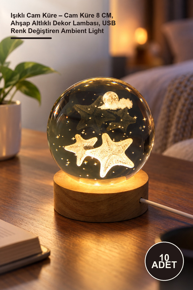 10 Lighted Glass Globes – 8 cm Glass Globe, Decorative Lamp with Wooden Base, USB Color-Changing Ambient Light