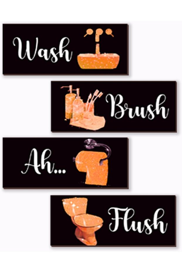 ARS 4 Pcs Orange Bathroom Decor Funny Orange And Black Wall Art Wooden Bathroom Accessories Modern