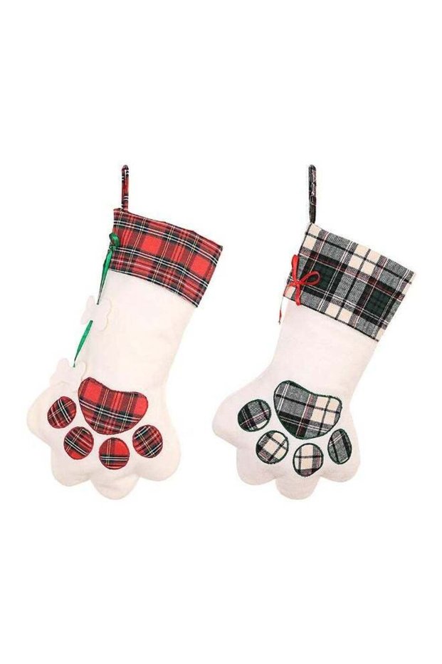 Pet Christmas Stocking - 2 Pack 18" Dog Cat Paw Print Plaid Design Xmas Decor