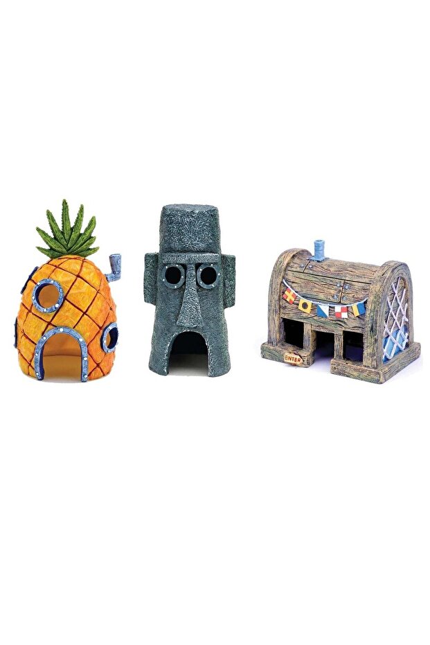 3-Piece Aquarium Ornament Bundle – Spongebob’s Pineapple House, Squidward Home, and The Crusty Crab