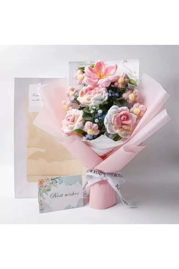Hand-Crocheted Tulip & Rose Mixed Artificial Bouquet - With Card & Gift Bag