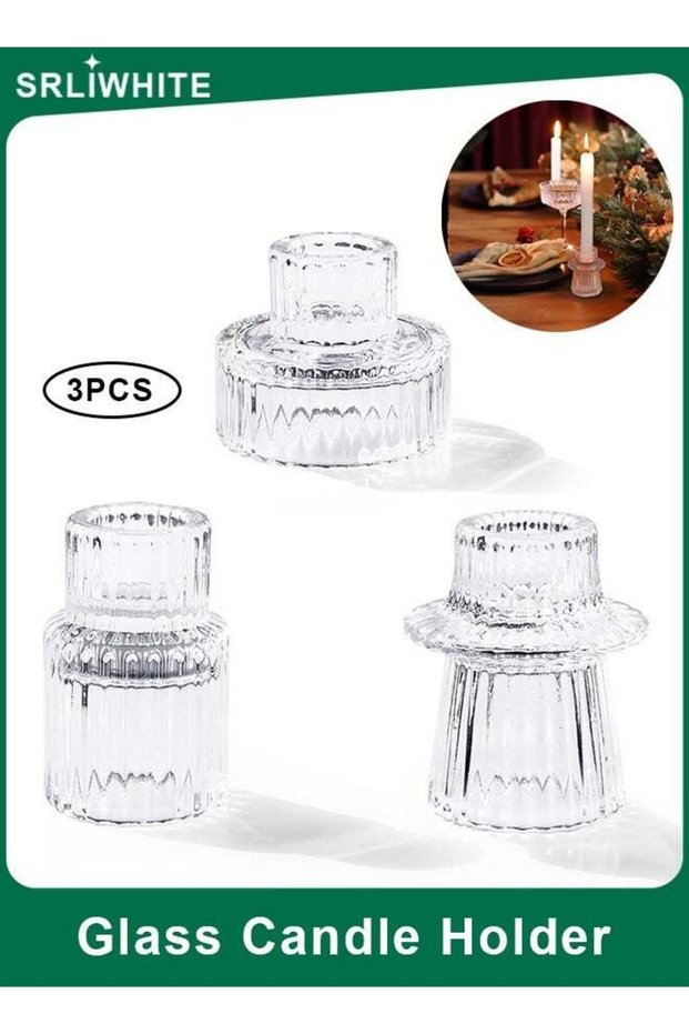 Set of 3 Reversible Ribbed Glass Candle Holders, Clear Vintage Taper Tealight Candlestick Holders,