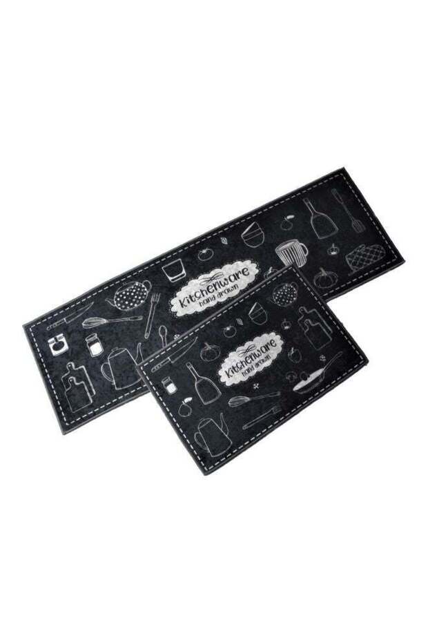 2-Piece Kitchenware Printed Floor Mat Set Black/White