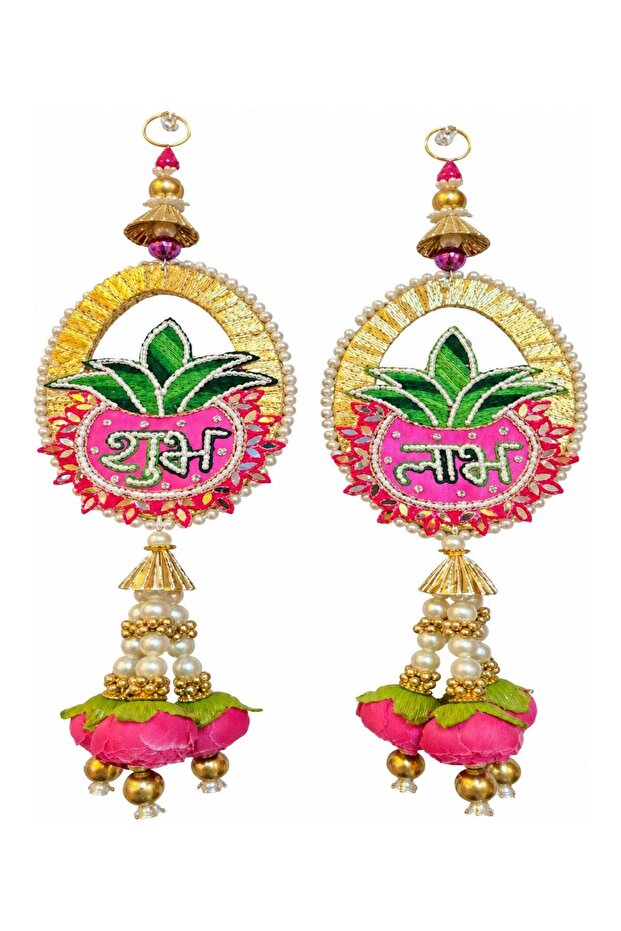 Madhoor Pearl Kalash Shubh Labh Door Hanging Pink White Green for Diwali, Pooja & Entrance Decor, 1