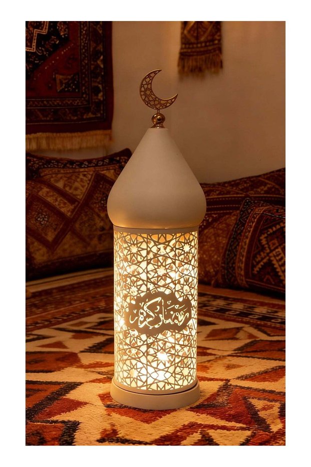Ramadan Moroccan Lantern, White Hollow Out Metal LED Light with Gold Moon Topper for Indoor Outdoor