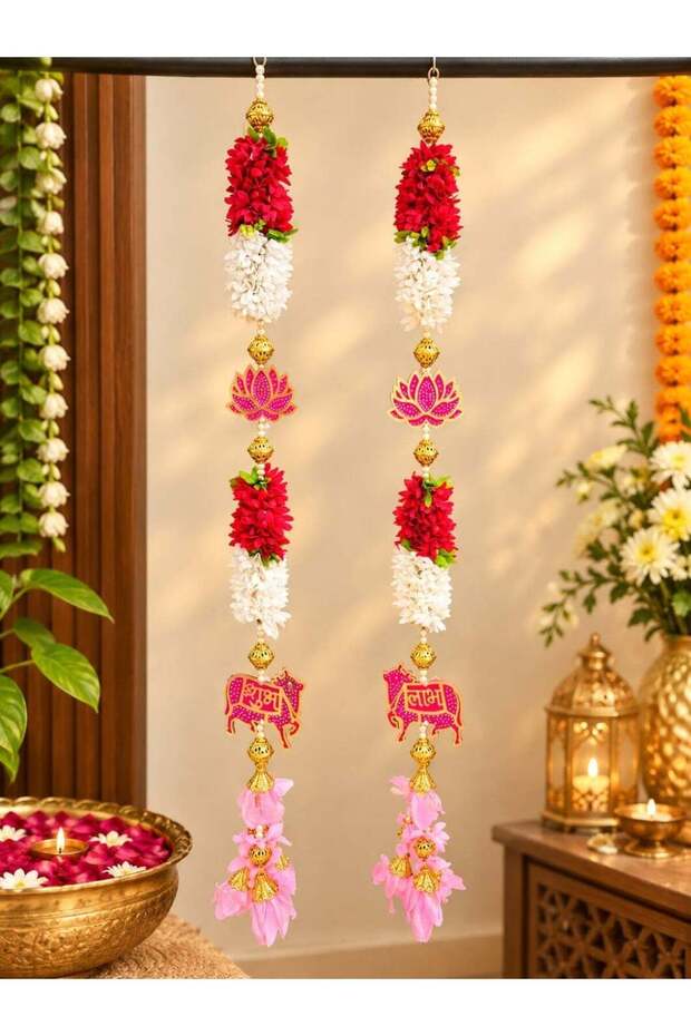 Rajshi Handcrafted Floral Door Hanging Set with Lotus, Sacred Cow and Shubh Labh, Pearl & Decorativ
