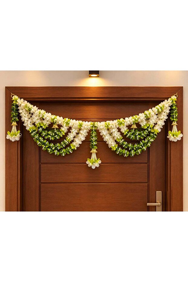 Rajshi Premium Green & White Floral Door Toran with Hanging Bells – Elegant Festive Entrance Décor