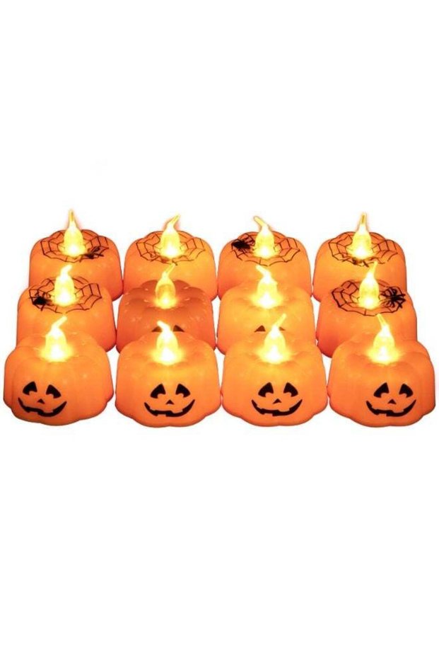 12PCS Pumpkin Lights, LED Flickering Jack-O'-Lantern Tea Lights, Battery Operated Pumpkin Candles L