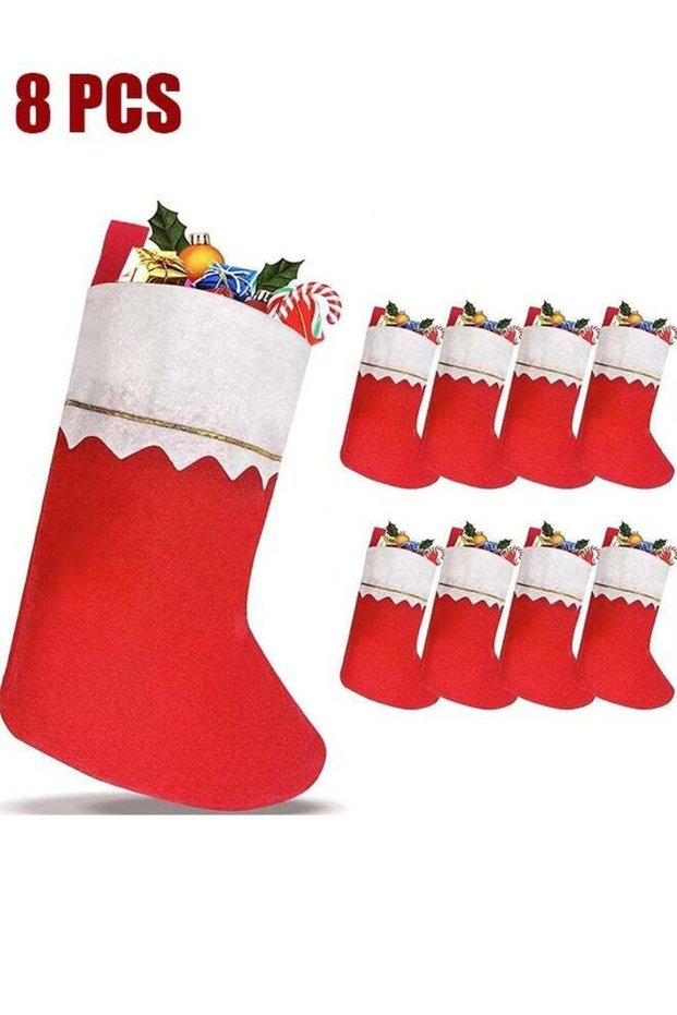 8 Pcs Christmas Stockings, Red Felt Christmas Stockings Hanging Ornaments, Classic White Cuff with