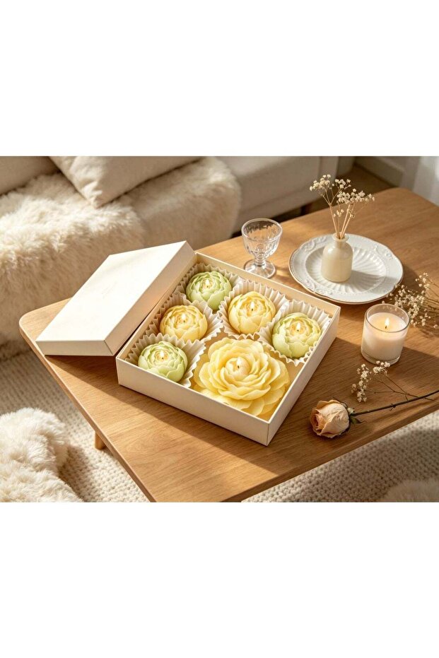 Handmade Scented Rose Peony Flower Candles Set, Aromatherapy, 6 Pieces, Light Green