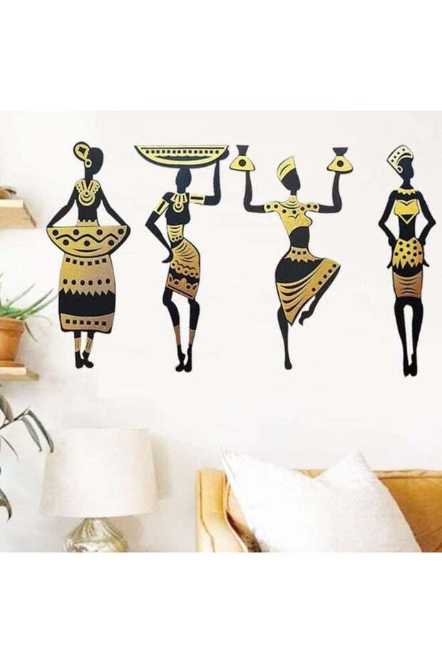 Tribal Women 4 Pcs. Set Golden And Black Wooden Wall Decor Home Decorative Items Living Room Office