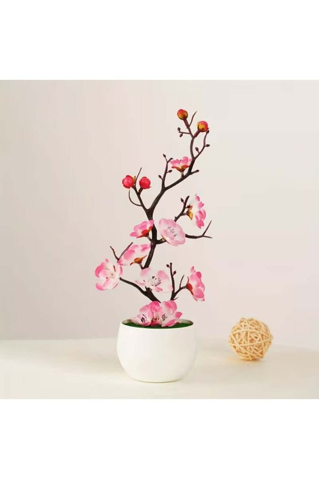 Artificial Potted Plum Blossom Bonsai – Wax-Finish Fake Flower Branch, Realistic Faux Indoor Plant