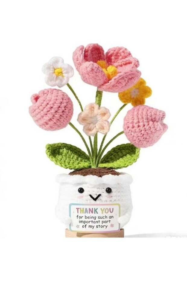 Handmade Crochet Flower Pot Set - Adorable Planter with Pink Tulips & Thank You Cards, Perfect for