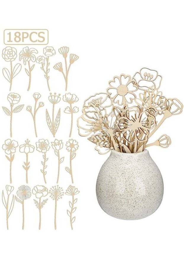 18 Pcs Wooden Wildflower Decor Set Wood Flowers Cutout Signs Wildflowers Stems Laser Cut Flowers fo