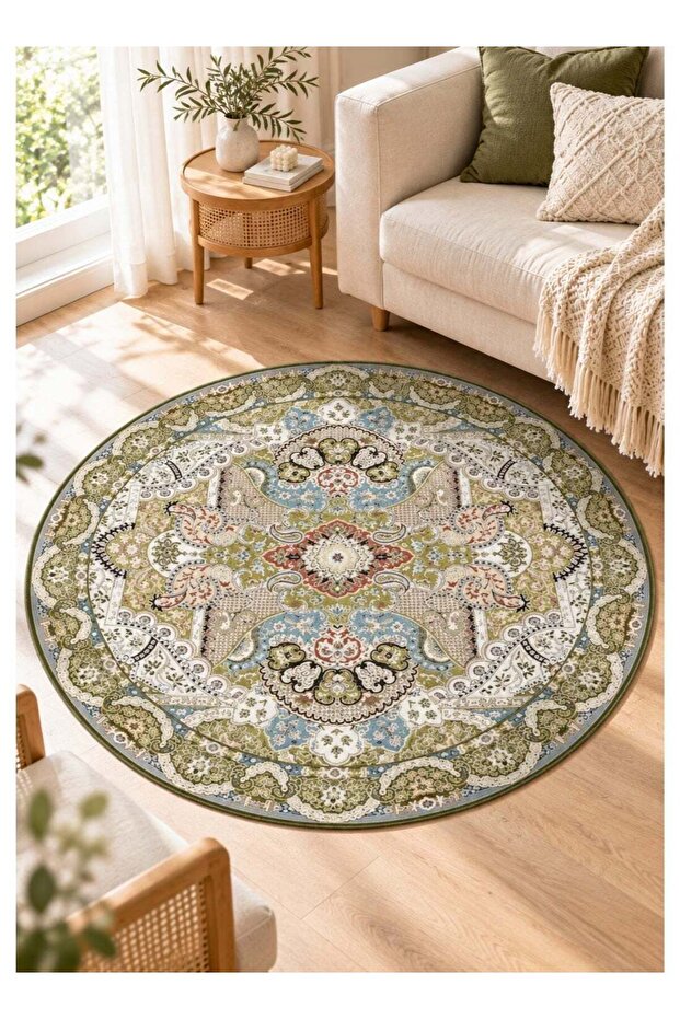 Retro Round Area Rug 120cm - Washable Non-Slip Crystal Velvet Carpet - Ultra Soft Bedside Rug for L
