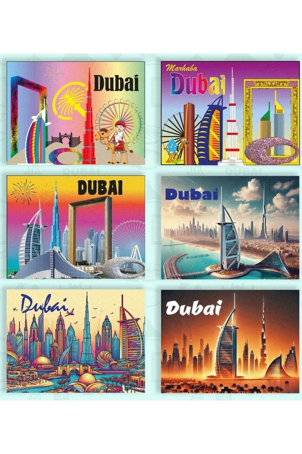 Dubai Iconic Foil Magnets 6pcs Set in metallic finish, highlighting Dubai skyline and famous skyscr