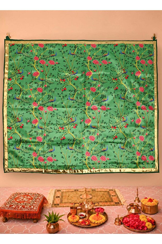Madhoor Peacock Festive Flower Backdrop Green Pink for Ganesh Chaturthi, Pooja & Events, 40 x 40 In