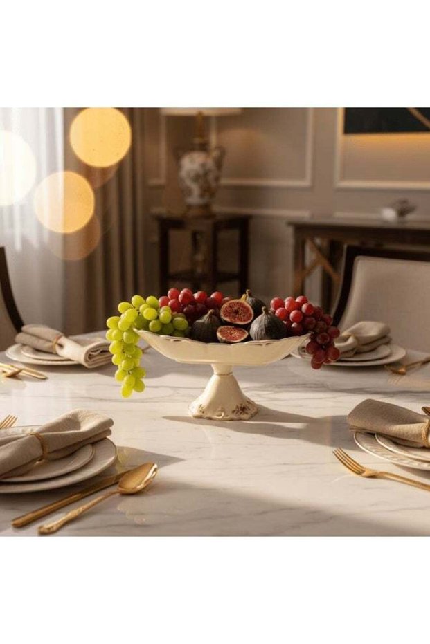 Angela Premium 29x13cm, Footed Cream Ceramic Fruit Serving Bowl with Floral Design, Elegant Centerp