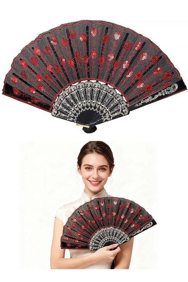 BLACK and Red Embroidered Sequins Fabric Handheld for Flamenco Dancer Costume Accessories Girl Cosp